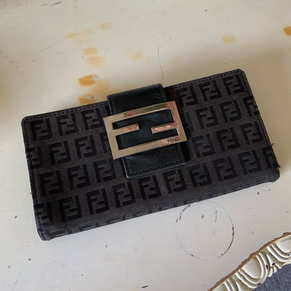 Fendi Black Zucca Monogram Continental Wallet with Silver Buckle